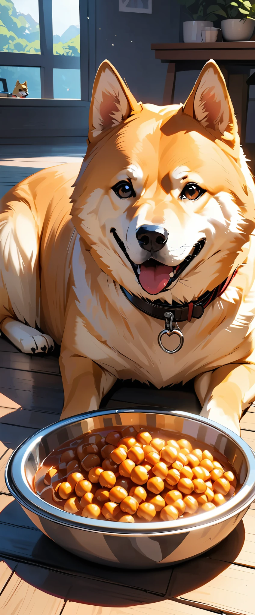 (highest quality:1.2, Very detailed, Latest, Vibrant, Ultra-high resolution, High Contrast, masterpiece:1.2, highest quality, Best aesthetics), ((Shiba Inu:1.4)), Sitting、waiting、Obedience、高品質のShiba Inuの描写、In front of a plate of dog food、Detailed fur、Round eyes、Fluffy tail、Indoor Settings、Wooden floor、Bright room、Realistic、professional、 Depicting the details、Vivid colors that bring out cuteness、Hungry expression、Expected meals、A faint drool、Glossy ceramic plate、Stainless Steel Bowl、Brand name on package、Clear texture of each part、interior、Comfortable dog bed、Leads and collars near me、Affectionate owner in frame、Fun atmosphere、A dog bowl with clean water、 Calm and peaceful atmosphere、The loving bond between humans and dogs、Adorable、Faithful companionship、Little legs crossed、Delicious meals。