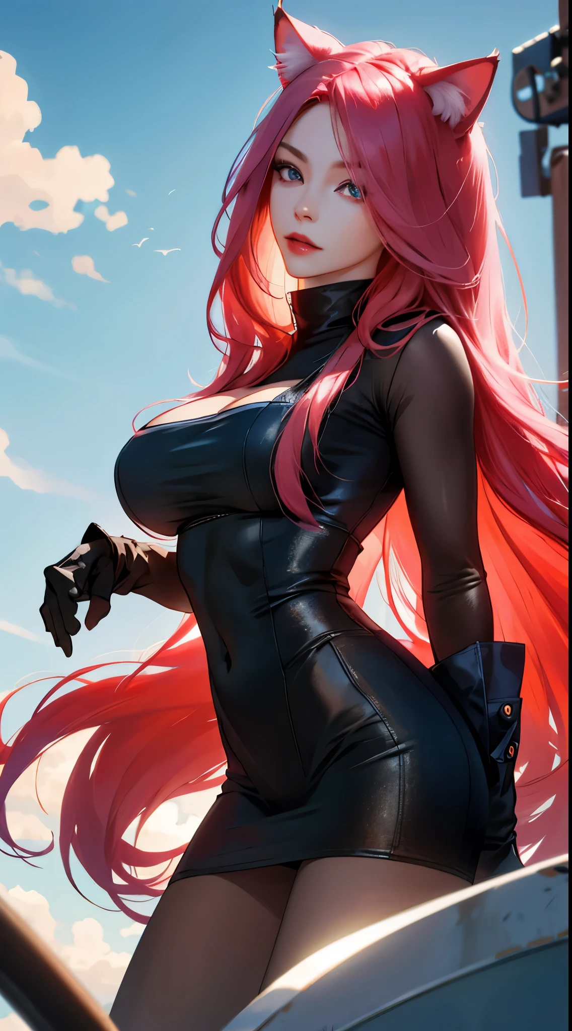 one-girl,Wearing cat ear headdresses,Has long pink hair,(masterpiece, best quality, ultra-detailed) milher 21 years old long red hair, super detailed hands, anatomically correct, uncensored, beautiful face, very detailed, perfect eyes, best quality, masterpiece, 4k, uncensored , rating_explicit, sexy and attractive body, big breasts, variety of sexual position, mustang,camaro,realistic photo