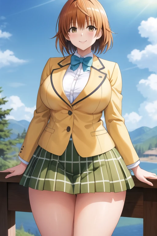 masterpiece, best quality, highres, aariko, short hair, brown eyes, , blue bowtie, blazer, yellow jacket, long sleeves, plaid skirt, green skirt, standing, cowboy shot, smile, outdoors, huge breasts, thick thighs, wide hips, sexy, venusbody