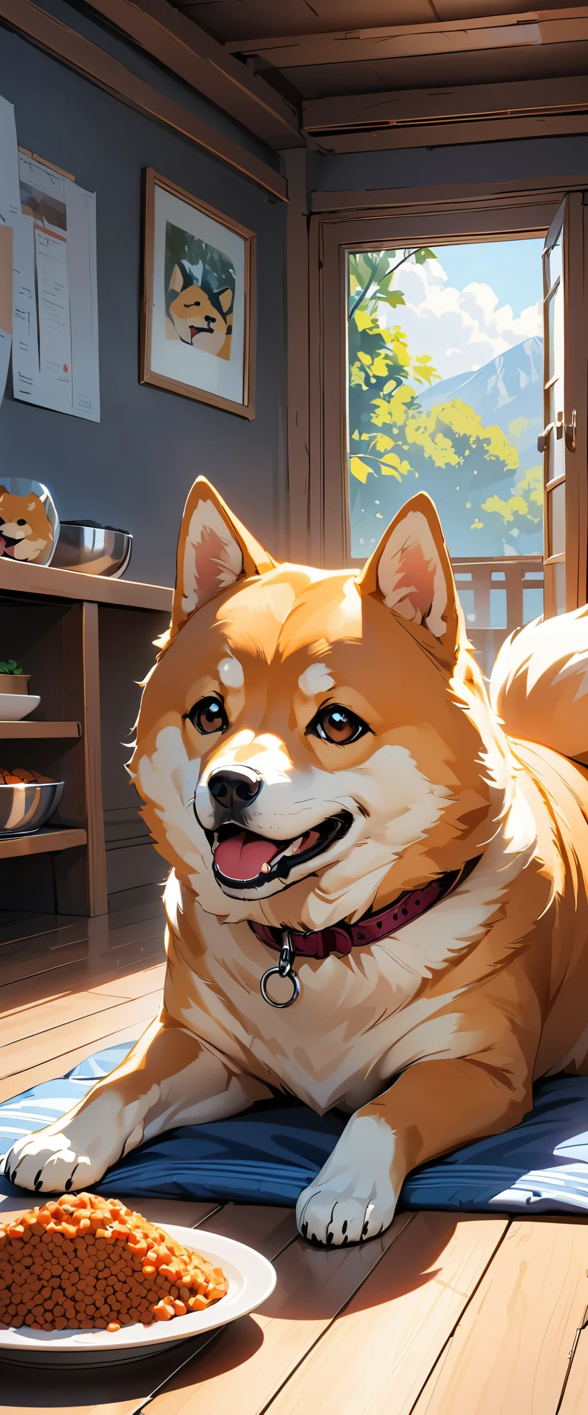 (highest quality:1.2, Very detailed, Latest, Vibrant, Ultra-high resolution, High Contrast, masterpiece:1.2, highest quality, Best aesthetics), ((Shiba Inu:1.4)), Sitting、waiting、Obedience、高品質のShiba Inuの描写、In front of a plate of dog food、Detailed fur、Round eyes、Fluffy tail、Indoor Settings、Wooden floor、Bright room、Realistic、professional、 Depicting the details、Vivid colors that bring out cuteness、Hungry expression、Expected meals、A faint drool、Glossy ceramic plate、Stainless Steel Bowl、Brand name on package、Clear texture of each part、interior、Comfortable dog bed、Leads and collars near me、Affectionate owner in frame、Fun atmosphere、A dog bowl with clean water、 Calm and peaceful atmosphere、The loving bond between humans and dogs、Adorable、Faithful companionship、Little legs crossed、Delicious meals。