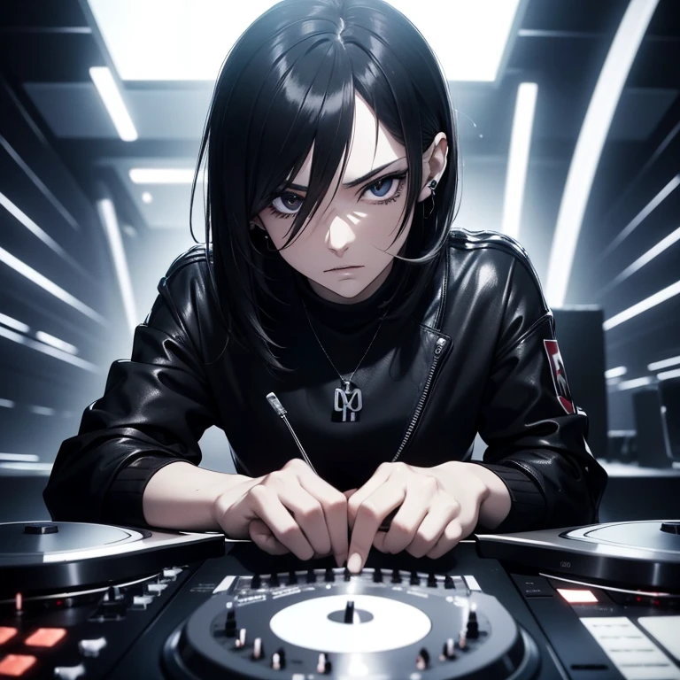 (masutepiece: 1.3), (max resolution: 1.2), (Ultra HDTV: 1.2), cinematographic lighting, 8K resolution, Detailed facial features, expressive eyes, accentuated jawline, (Sharp Focus: 1.2), Soy DJ spinning records with a focused expression, Dressed in headphones and microphone, Hands intricately moving on the mixer, Glossy polished surfaces of DJ equipment, Highly detailed facial texture, defined pores and wrinkles, Natural complexion, Bright eyes with heavy eyeliner, Stubble on jawline, (Moody atmosphere: 1.2), dim