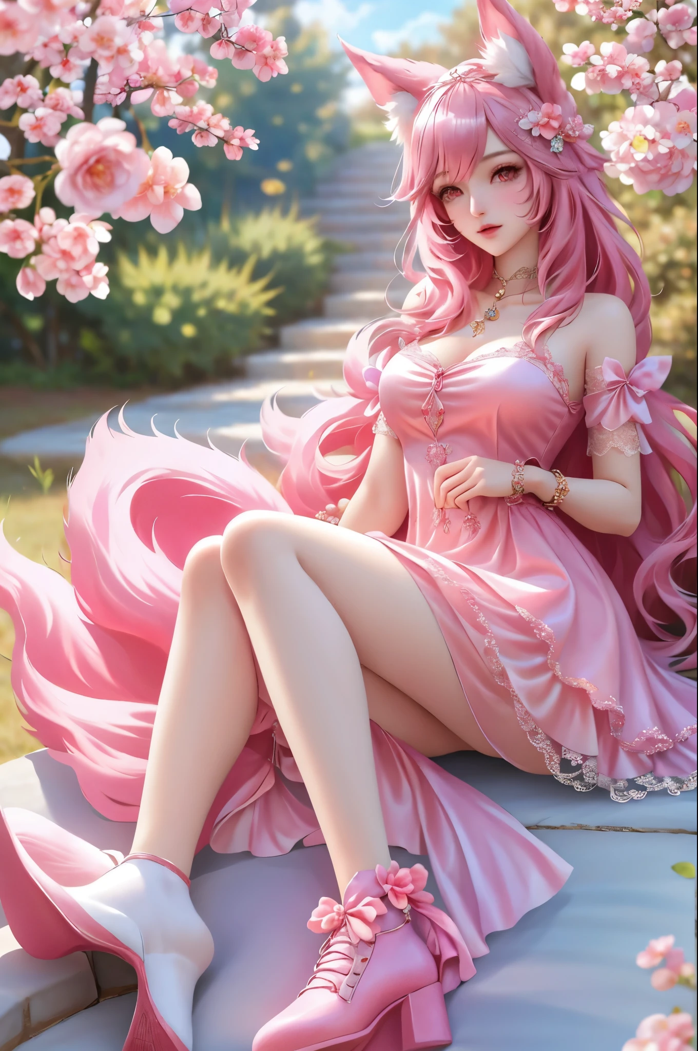 (tmasterpiece: 2.0,Best picture quality),(Ultra-fine eyes: 2.0),ph_REM,Remoud(1girll),A pink-haired,独奏,Purple eye,x Headgear,Lace leg ornament,Bow knot,lacepantyhose,cropped shoulders,Lolita shoes,Lolita heels,full bodyesbian,Two hands,both legs,offcial art,rays of sunshine,peach blossom,SakuraNS。