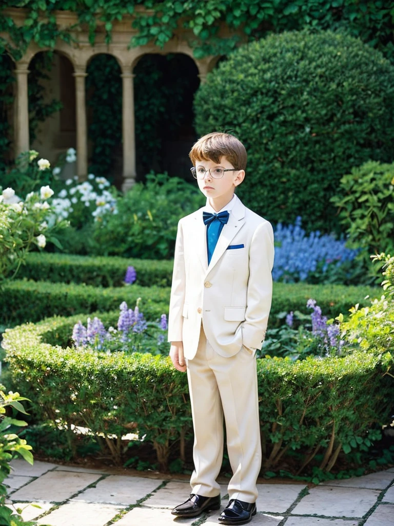 A 10 year old boy, white skin, light brown hair, blue eyes, very fine features, wearing very formal, very elegant clothes, standing in front of a large garden, wearing very discreet glasses, looking sad and thoughtful., muy serio muy triste mucho muy serio
