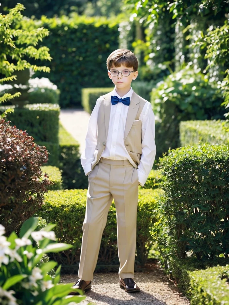 A boy, white skin, light brown hair, blue eyes, very fine features, wearing very formal, very elegant clothes, standing in front of a large garden, wearing very discreet glasses, looking sad and thoughtful., muy serio muy triste mucho muy serio