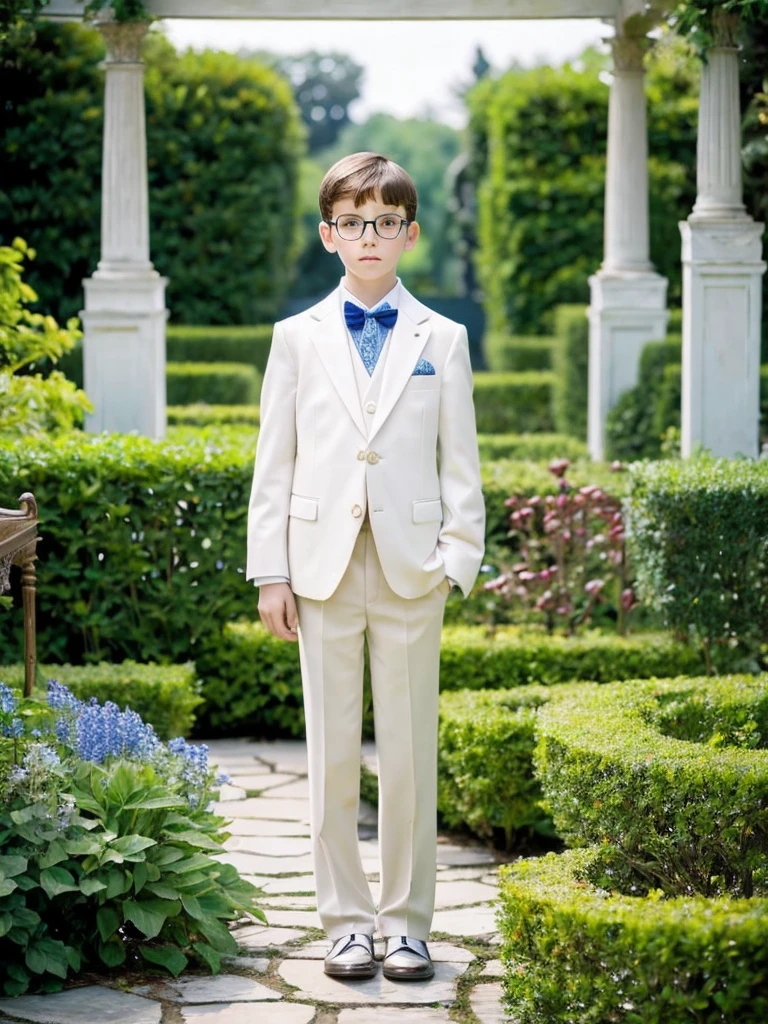 A 10 year old boy, white skin, light brown hair, blue eyes, very fine features, wearing very formal, very elegant clothes, standing in front of a large garden, wearing very discreet glasses, looking sad and thoughtful., muy serio muy triste mucho muy serio