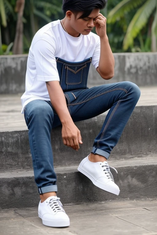 Cowo rambut pendek tubuh kekar telanjang dada,celana jeans ketat sobek,sepatu sneaker,sedang duduk di sisi pantai
Sangat nyata