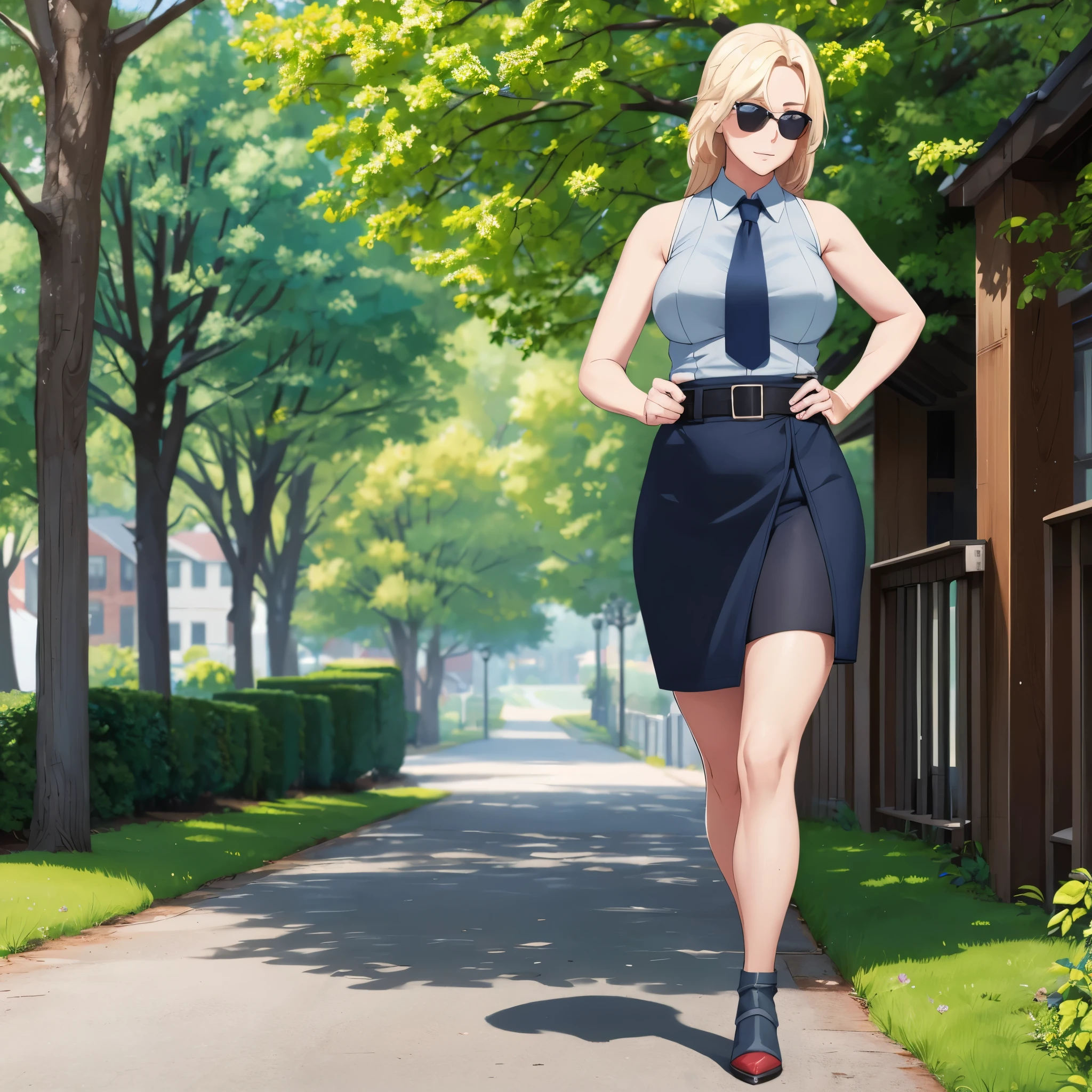 A woman wearing navy blue coat, white sleeveless t-shirt, blue tie, navy blue skirt, feminine heels, blonde hair, wearing sunglasses, walking in a United States style park, HDR , ultra resolution, sharp, masterpiece, 8K HD (solo female)
