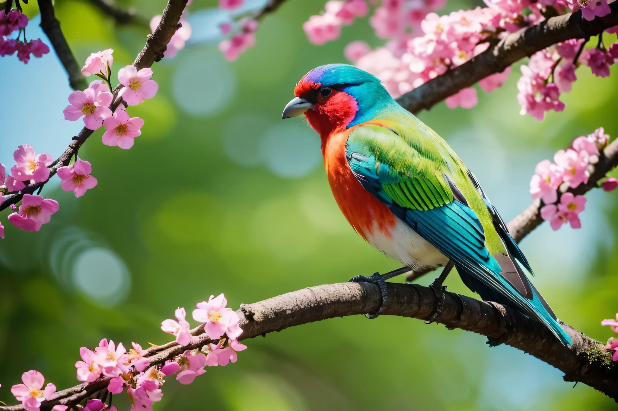 Colorful bird perched on a branch，The background is leaves, Colorful 8k, Color HD pictures, Beautiful and colorful, Colorful bird, Beautiful and colorful, brightly colored bird, Color 4k, Vibrant true colors, Beautiful bright colors, 4K Fine Digital Art, Colorful feathers, Beautiful digital art, Beautiful digital painting, very Beautiful digital art