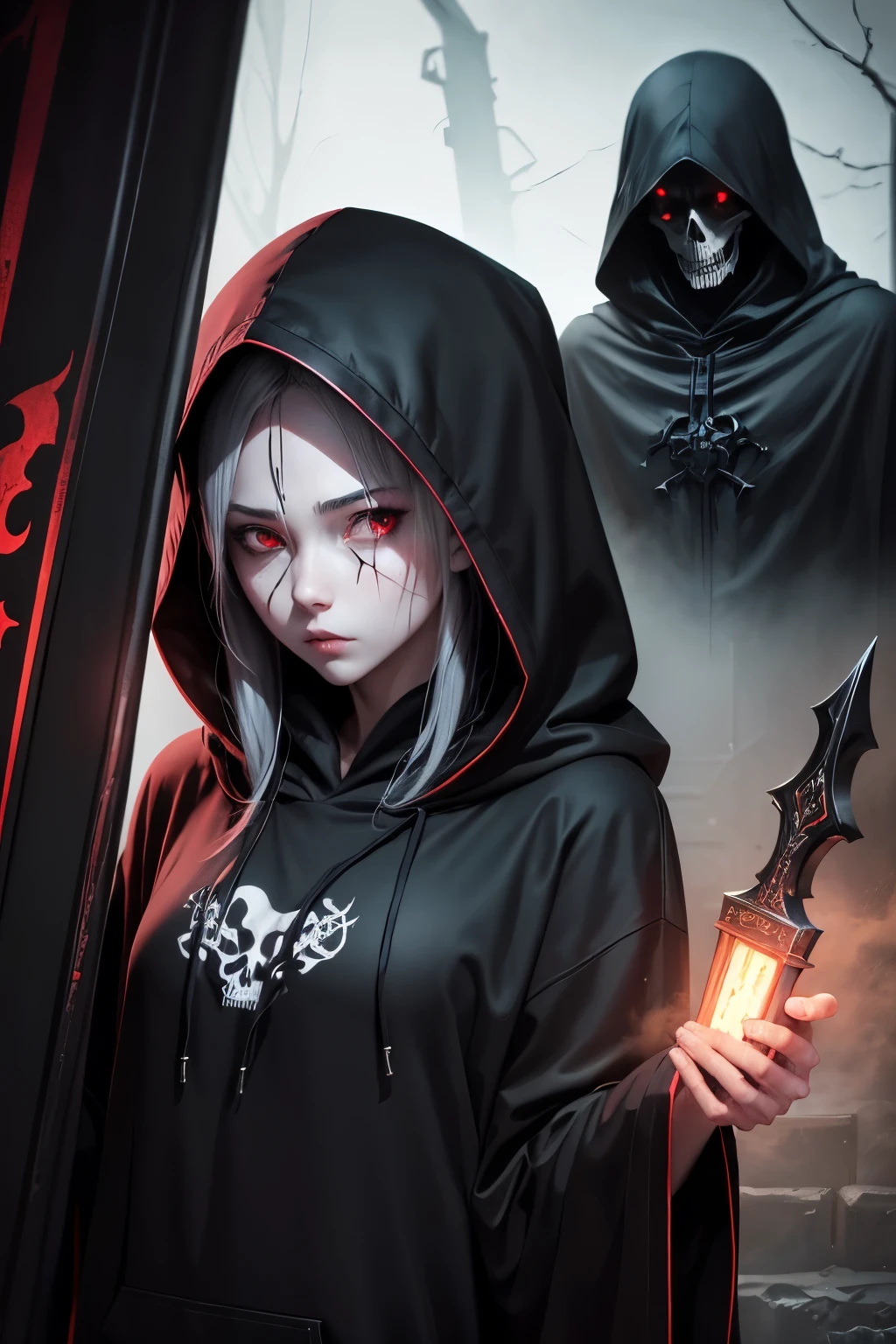 Dark fantasy anime, Grim reaper, best quality, close-up upper body, focus on face, skull, Black hoodie, horrific atmosphere,