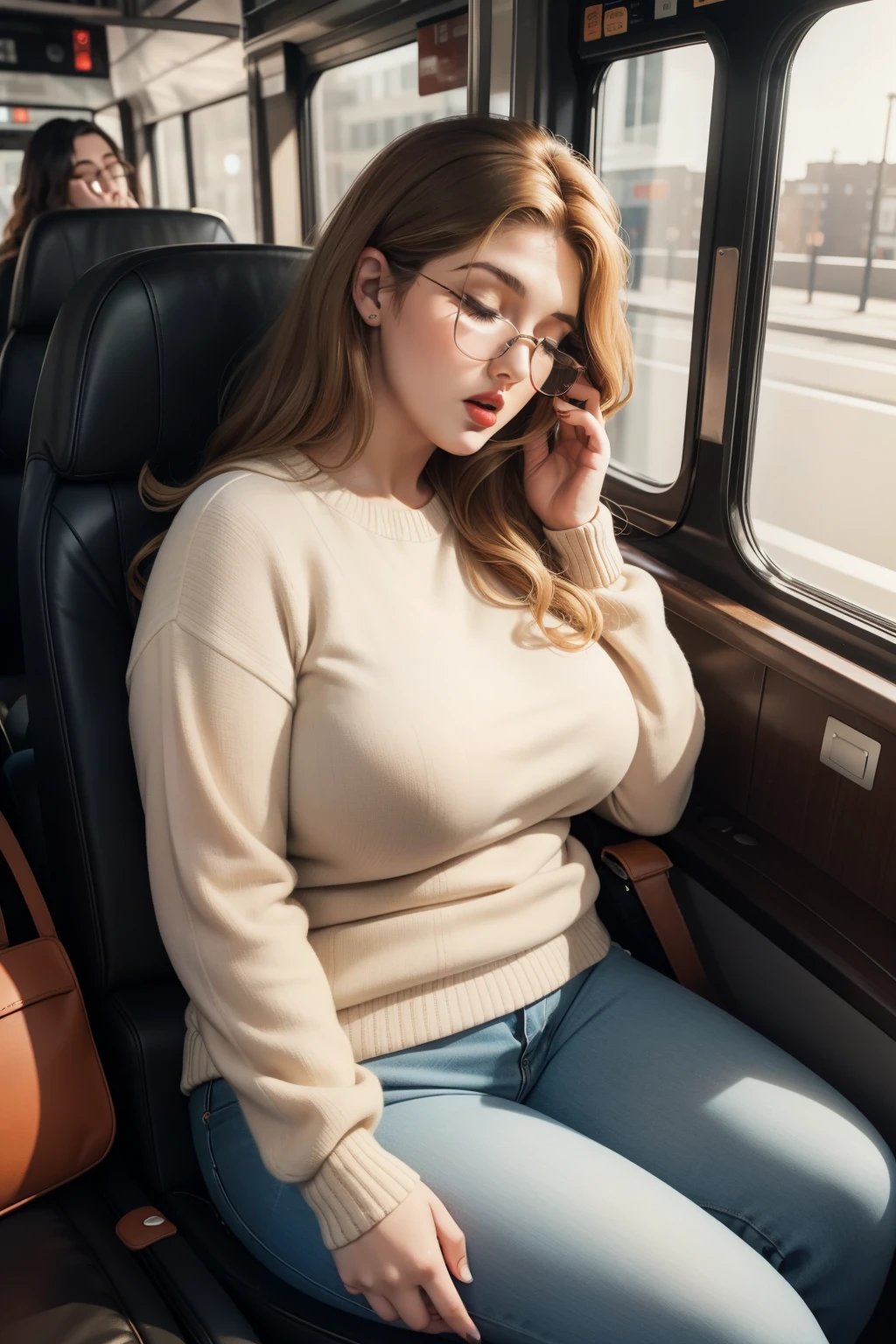 1 beautiful woman, large body, eyes closed, eyelids made up, pearls in her ears, neckline, WHITE T-shirt, light blue jean pants, black shoes with heels, black bag, hands crossed, asleep, asleep sitting on the bus, face portrait, very intense makeup, Lucy Pinder, (Adele).