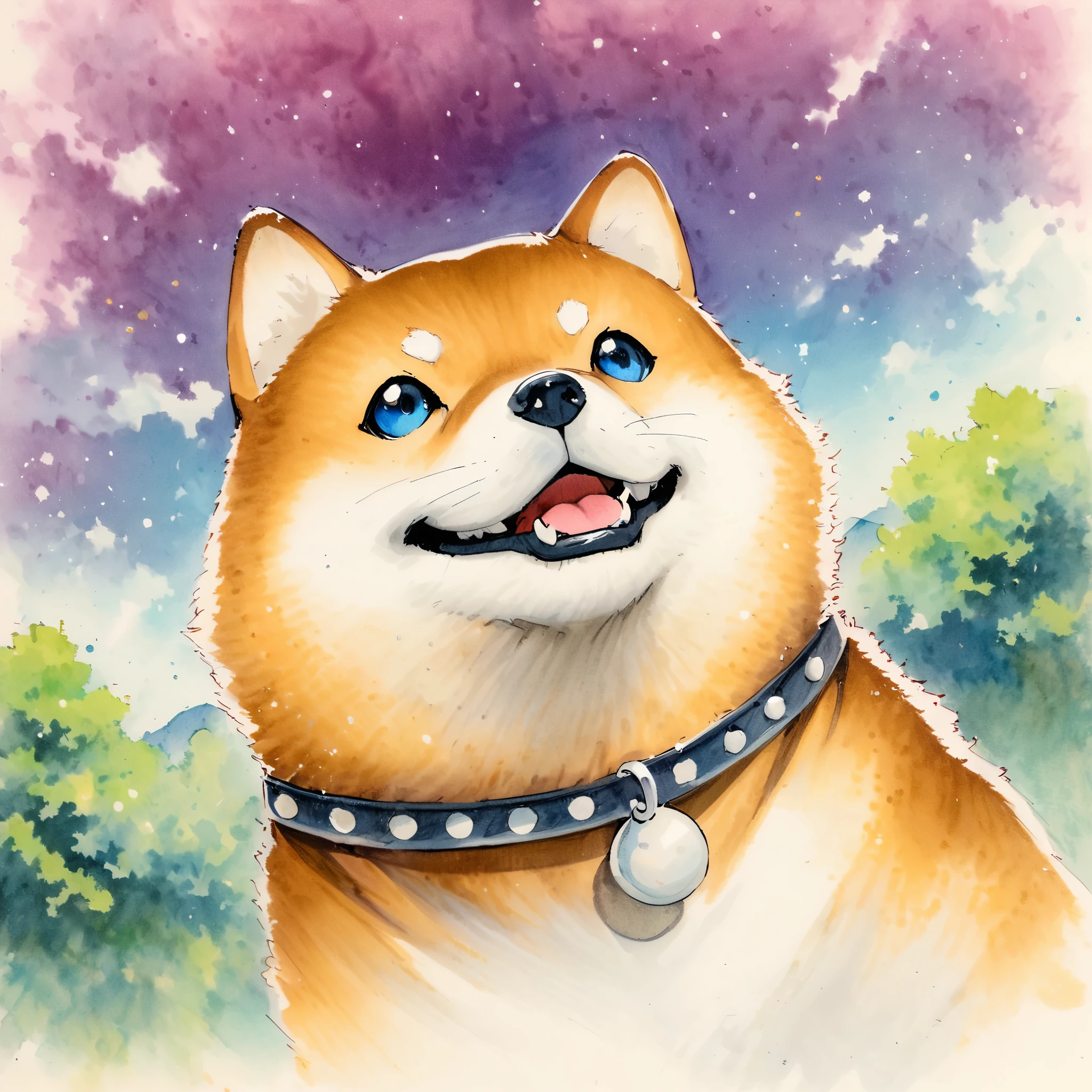1 Shiba Inu,traditional media,look up,Park Background ,(Shiba Inu details) ,( solitary )