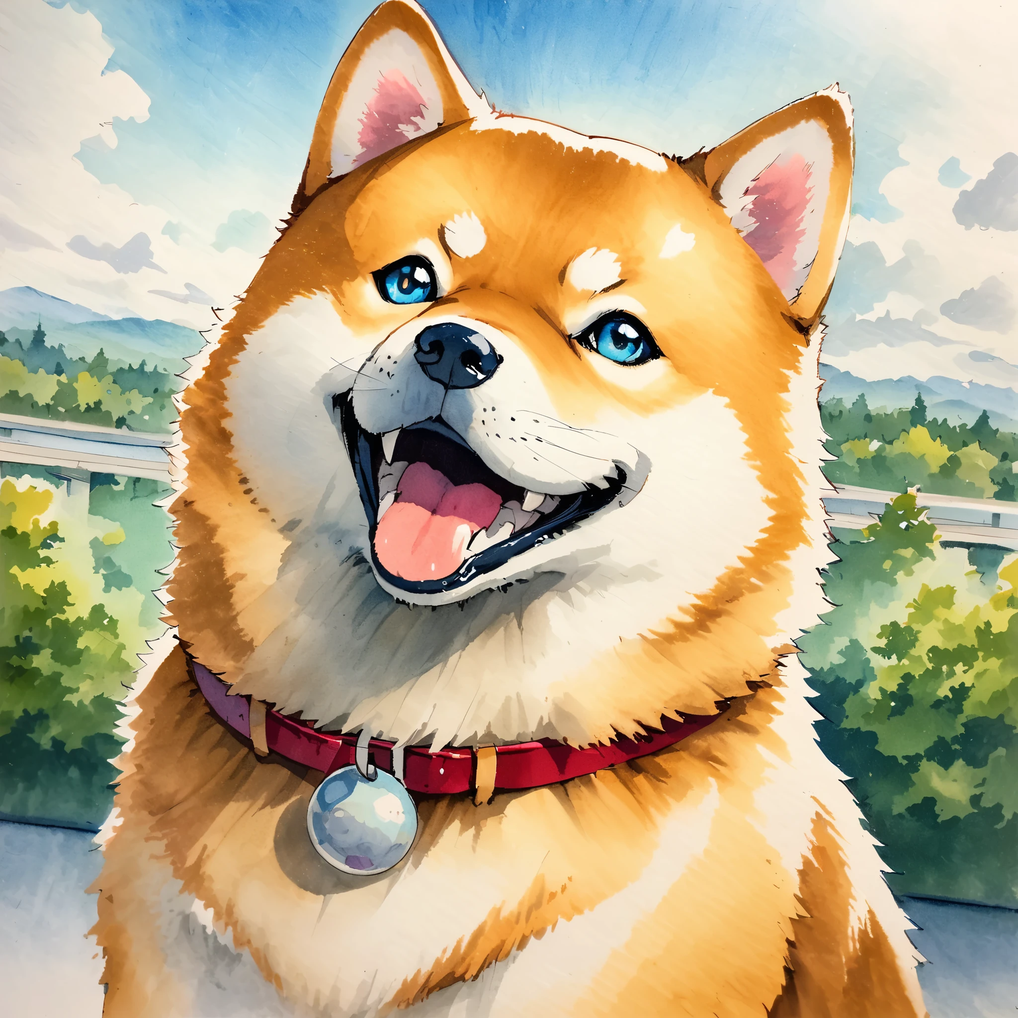 1 Shiba Inu，traditional media,look up,Park Background ,(Shiba Inu details） ,( solitary )