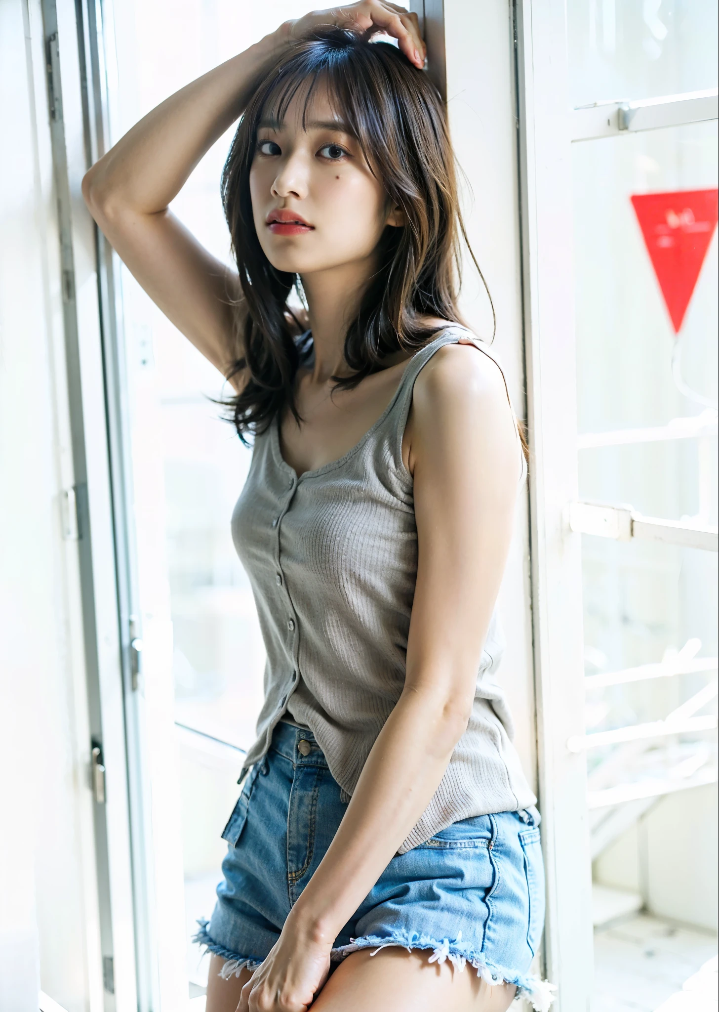 Alafed woman in tanned top and denim shorts poses for photo, Bae Suzy, Wearing : Tank top, Slim girl model photo, Korean female fashion model, Wear a cute top, Tank topを着用, Wearing a camisole, Tank topを着用, medium portrait top light, Cindy Avelino, Gorgeous Young Korean Woman, crystal