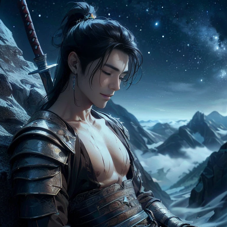 (Best Quality:1.2), (high resolution:1.2), (beautiful face and eye:1.5), (sharpest focus:1.2), (Ultra-realistic Photo:1.2), (Ultra-precise Photo:1.2), (Depth of field:1.2), (8k high resolution:1.2). (perfect :1.2), 
(nice hands:1.5), (perfect hands:1.5), (cynical smile:1.5), (A very young and beautiful Chinese man:1.0), (lying down quietly with closed sick eyes:1.8), (At the top of a steep rocky mountain:1.8), 
(Stars of Leo twinkling in the night sky:1.5), (Looking down angle:1.5), (holding a drawn sword:1.0), (Chinese warrior with very light armor and beat-up arms:1.0), 