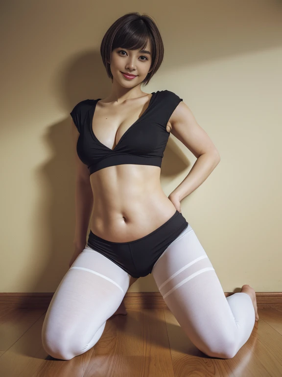 High resolution, High resolution, Attention to detail, masterpiece, Rough skin, Anatomically correct, sharp, Gray background,The basic premise is that they are wearing full-body tights.,((Japanese woman of exceptional beauty,47 years old)), alone, ((Facial wrinkles)gently), (Realistic人間的に, Realistic:1.37),(((I will take a full-body photo. Please face me directly with your entire body.,Pose: A woman with legs spread 120 degrees apart, hands behind her head in a squatting position,)))),((She looks at me with an angry expression)),Front shot,The whole body is visible,,((Her hairstyle is a very short pixie cut)),((I have a hairy constitution, so I have a lot of pubic hair.)),((She is wearing a dark grey translucent full-body tights made of silk that is skin tight and reveals her naked body.)),((Pubic hair can be seen through the pubic area,彼女の陰部は大きく柔らかくgently腫れている,sheer tights dig into the(0.3)clearly defined labia(0.3)The clearly visible,I have a hairy body, so I have a lot of armpit and pubic hair. Pubic hair sticking out from the front of the pants)),full body close-up shot,Full body wide shot,Smooth curves,The location is a brightly lit basement,The background is gray space,