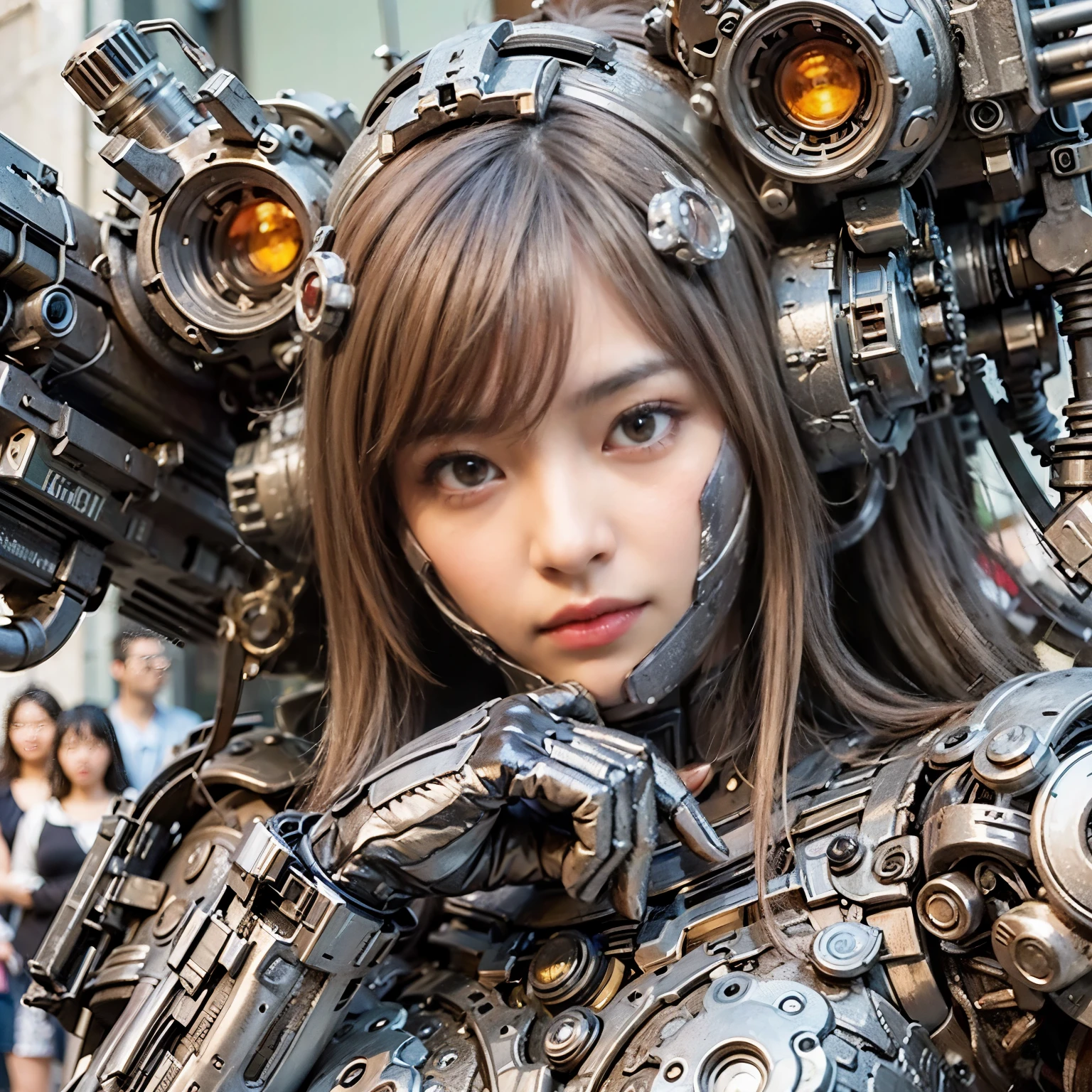 (masterpiece, best quality:1.2), (8k uhd, 16k, 32k, ultra high res), (photorealistic:1.37), (RAW photo), ultimate-realistic, ultimate-realistic details, ultimate-realistic texture, ultimate-intricate details, ultimate-realistic lighting, ultimate-realistic shadow, japanese girl, ultimate-cute face, ultimate-RAW skin, ultimate-realistic eyes, Japanese woman in insect powered suit, cannon mounted on shoulder, very cute face, mechanical, extremely intricate details, full body shot, ultimate photorealistic, big city locked down