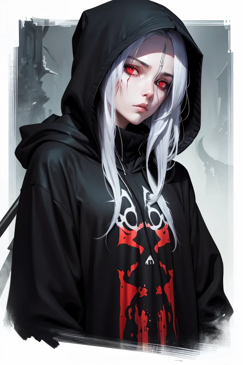 Dark fantasy anime, Grim reaper, best quality, close-up upper body, focus on face, skull, Black hoodie, horrific atmosphere,