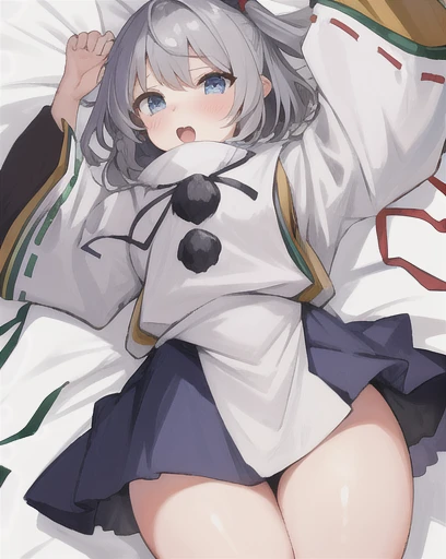 Mononobe no Futo, One Girl, Long sleeve, Sleeves edged with ribbon, Gray Hair, blue eyes, 
Underbust,  Small breasts, Butt,Thighs,plump，milk,Underarm,Underbust，vapor，High Leg，No underwear,vagina,Female organ,smile，Buttの穴,Cunnilingus,Buttを突き出す,Sweat,Ahegao,Male organ,Buttを揉まれる,大きなFemale organ,Open up,Spread the word,Zoom in,Pussy Line,1 boy,pov hand