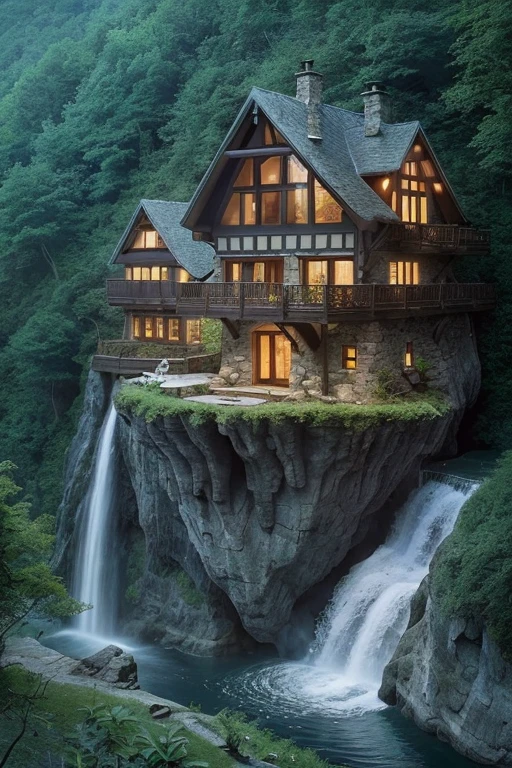 arafed house on a cliff overlooking a river with a waterfall, lake house, beatiful house, fantasy setting, beautiful place, build in a forest near of a lake, beautiful and mysterious, fantasy house, cozy place, setting in nature, fairy tale place, located in a castle, cottagecore!!, very close to real nature, idyllic cottage