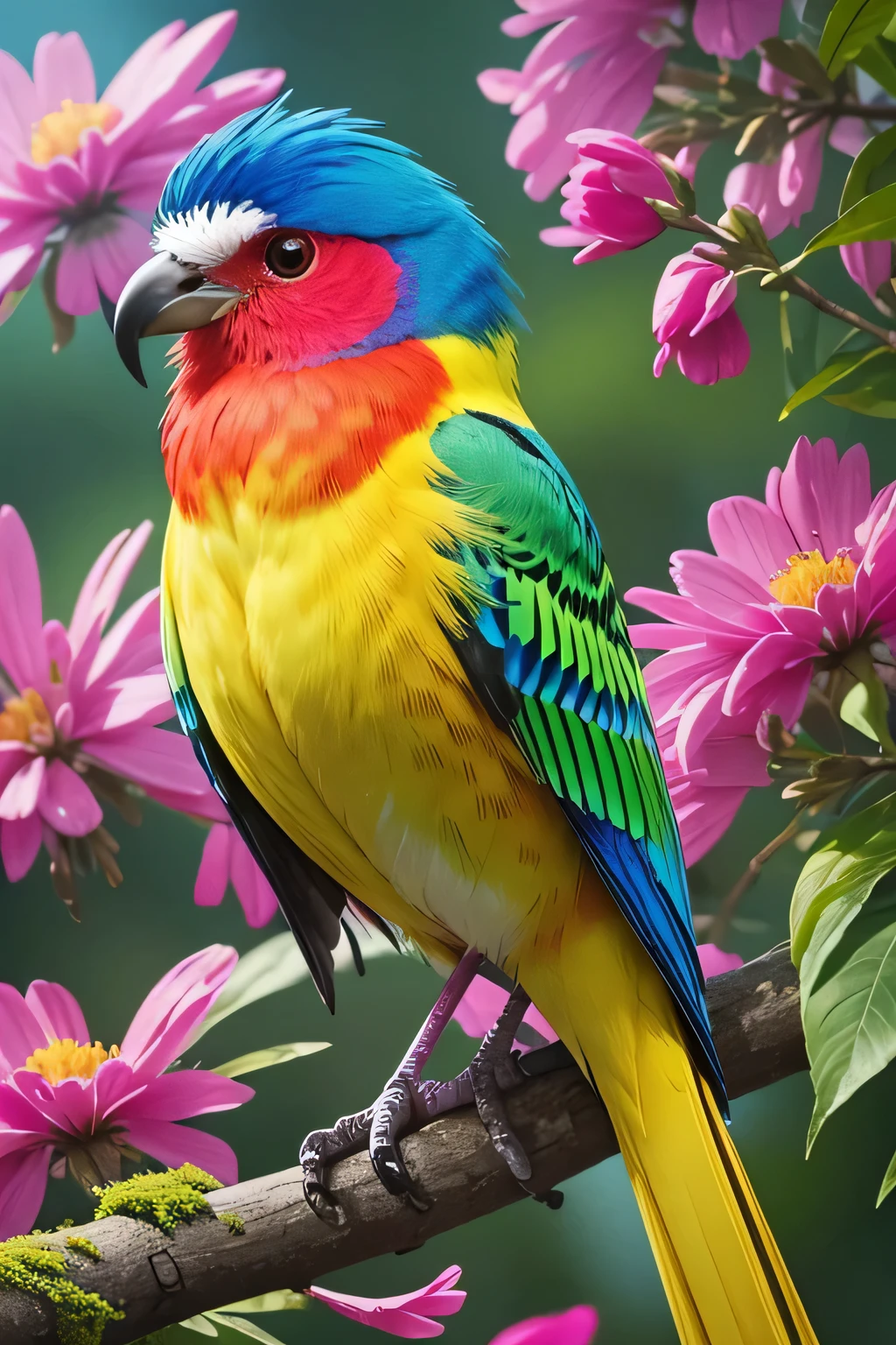 brightly colored bird perched on a branch in a field of flowers, colorful bird with a long, perched on a mossy branch, colorful birds, beautiful and colorful, colorful hd picure, colorful plumage, rich colourful, details and vivid colors, beautiful nature, beautiful colorful, beautiful and graceful, beautiful photo, high quality nature photography, very beautiful photo, colorful contrast