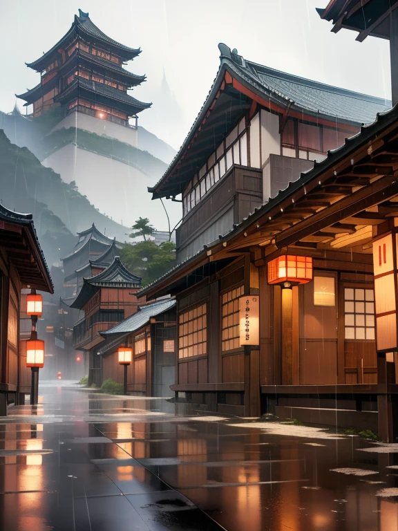 A view of the village with many lights on the buildings, Dreamy city in China, Chinese Village, Awesome Wallpapers, Japanese Town, Japanese Village, 超リアルな町のphotograph, Old Asian Village, Japanese cities, Raymond Han, Rainy night, Cyberpunk Chinese Ancient Castle, beautifully照らされた建物, Rainy Evening, beautifully、aesthetic, photograph, Cinematic, 8k, High resolution ((heavy rain)))