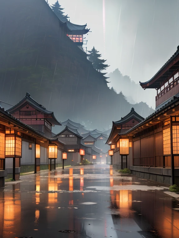 A view of the village with many lights on the buildings, Dreamy city in China, Chinese Village, Awesome Wallpapers, Japanese Town, Japanese Village, 超リアルな町のphotograph, Old Asian Village, Japanese cities, Raymond Han, Rainy night, Cyberpunk Chinese Ancient Castle, beautifully照らされた建物, Rainy Evening, beautifully、aesthetic, photograph, Cinematic, 8k, High resolution ((heavy rain)))