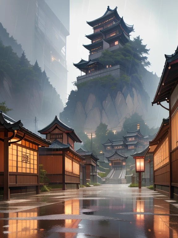 A view of the village with many lights on the buildings, Dreamy city in China, Chinese Village, Awesome Wallpapers, Japanese Town, Japanese Village, 超リアルな町のphotograph, Old Asian Village, Japanese cities, Raymond Han, Rainy night, Cyberpunk Chinese Ancient Castle, beautifully照らされた建物, Rainy Evening, beautifully、aesthetic, photograph, Cinematic, 8k, High resolution ((heavy rain)))