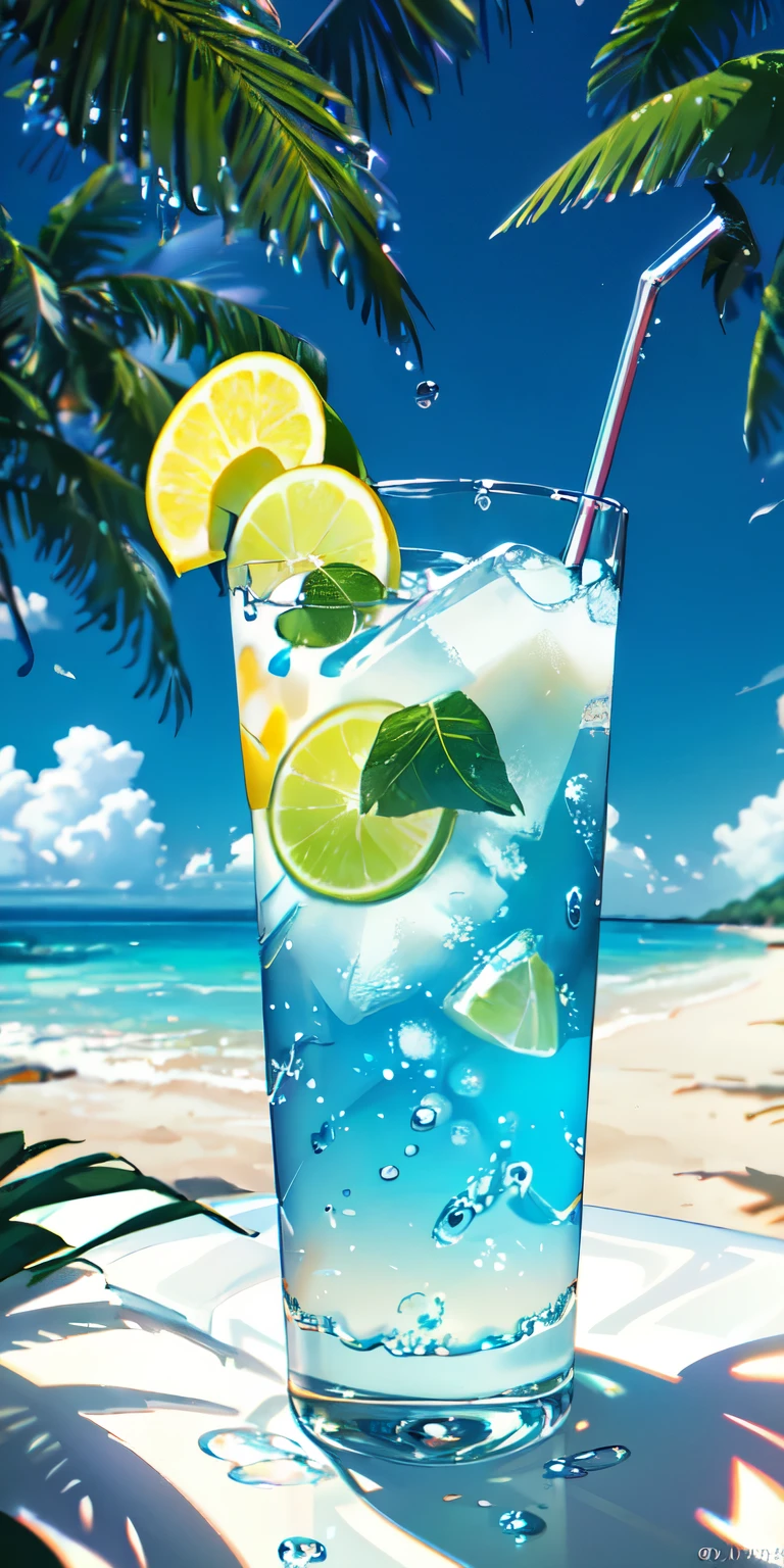 Using the right hand, macro photography depicts picnic scenes themed around a tropical beach holiday in summer. The protagonist of this photo is a cool glass filled with iced carbonated drinks. The lens focuses on glasses, fruit, dazzling midday sun, fisheye lenses, distant views, a hearty meal, (splashed liquid: 1.6), ice, (picnic scene: 0.5) (cute dessert: 0.4), dripping. It's filled with carbonated drinks, translucent liquid, daytime outdoor lights (beach 1.5), tropical plants, hot weather, HD detail, wet watermark, hyperdetail, cinematic, surrealism, soft light, deep field focus bokeh, ray tracing, diffuse (ultra-fine glass reflection), and surrealism.