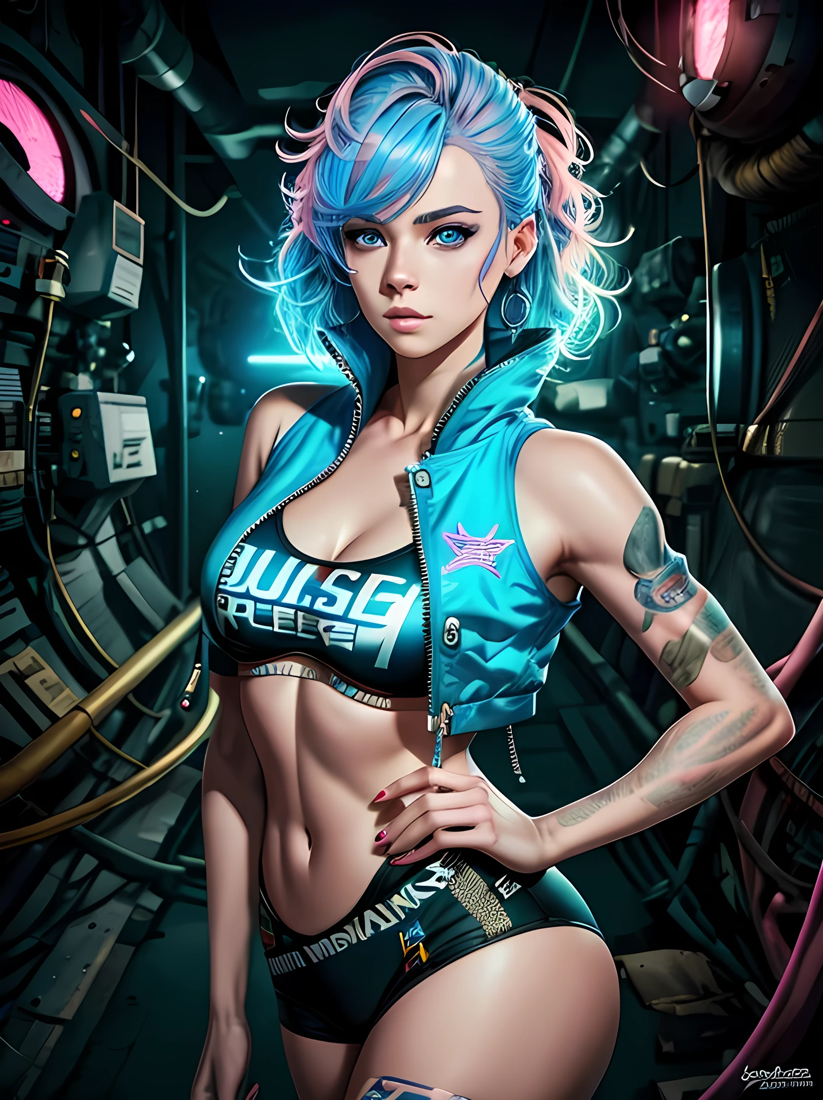 best quality,portrait style,(blue eyes),detailed facial features,(pink and blue hair),vibrant colors,high-resolution artwork,dramatic lighting,realistic rendering,Lucia Cheps, ciencia ficcion, lleva ropa futurista neon y amarillo, full body