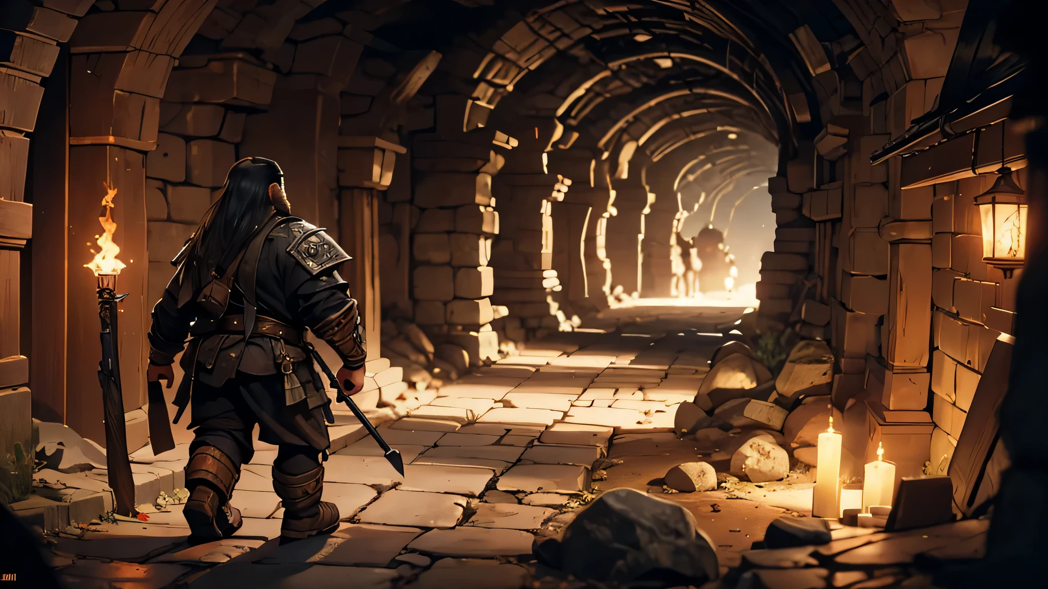 depicts a dwarf, alone, with short black hair and a beard, sturdy body, seen from behind with a torch, walking down a narrow and dark underground passage, fantasy theme