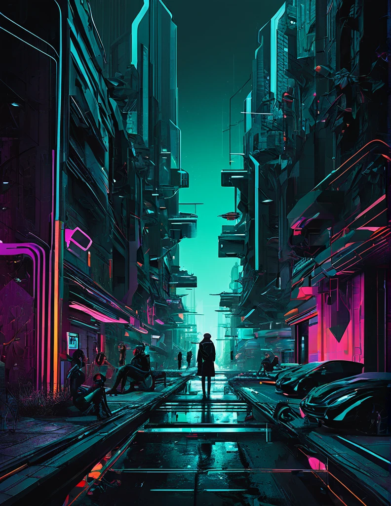 
"Generate a digital illustration that blends surrealistic elements with futuristic aesthetics, focusing on dystopian urban landscapes. Highlight the combination of organic and geometric shapes, with a vibrant color palette contrasting against dark tones. The scene should include human or humanoid figures interacting with advanced technology in unexpected ways. Prioritize creativity and originality in the composition to create a witty and unique piece."