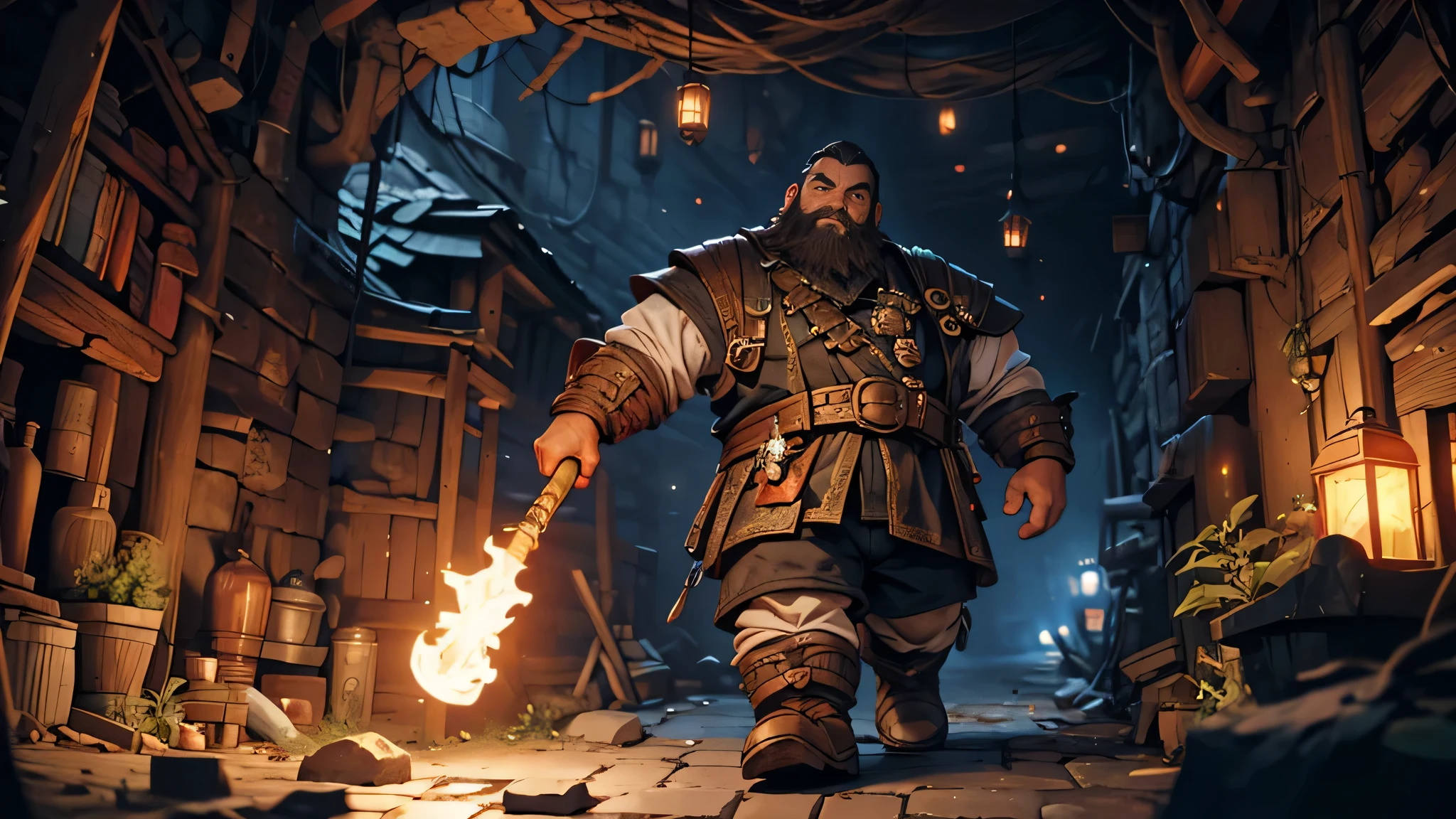 depicts a dwarf, alone, with short black hair and a beard, sturdy body, seen from behind with a torch, walking down a narrow and dark underground passage, fantasy theme