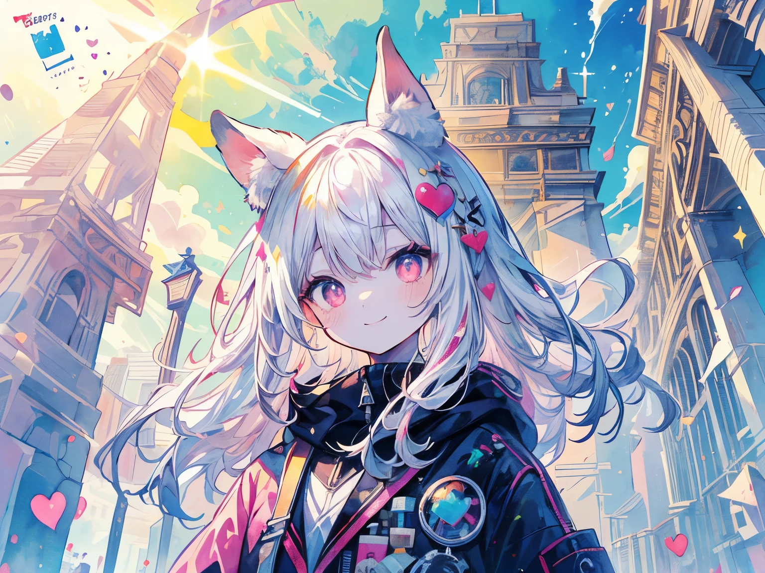 ((((masterpiece, highest quality, Very detailed, very_expensive_solve, big_file size, Full Color)))), One Girl, ((The best smile)), （A smile that makes you want to close your eyes）, Long white hair, Pink Eyes, Wearing a fluffy white hoodie, Heart-shaped pupils, (((From below))), (((Reward))), Lens flare, Bokeh, Shine, ((watercolor)), Animal ears, ((Commemorative photo in front of the Arc de Triomphe)), (whole body)