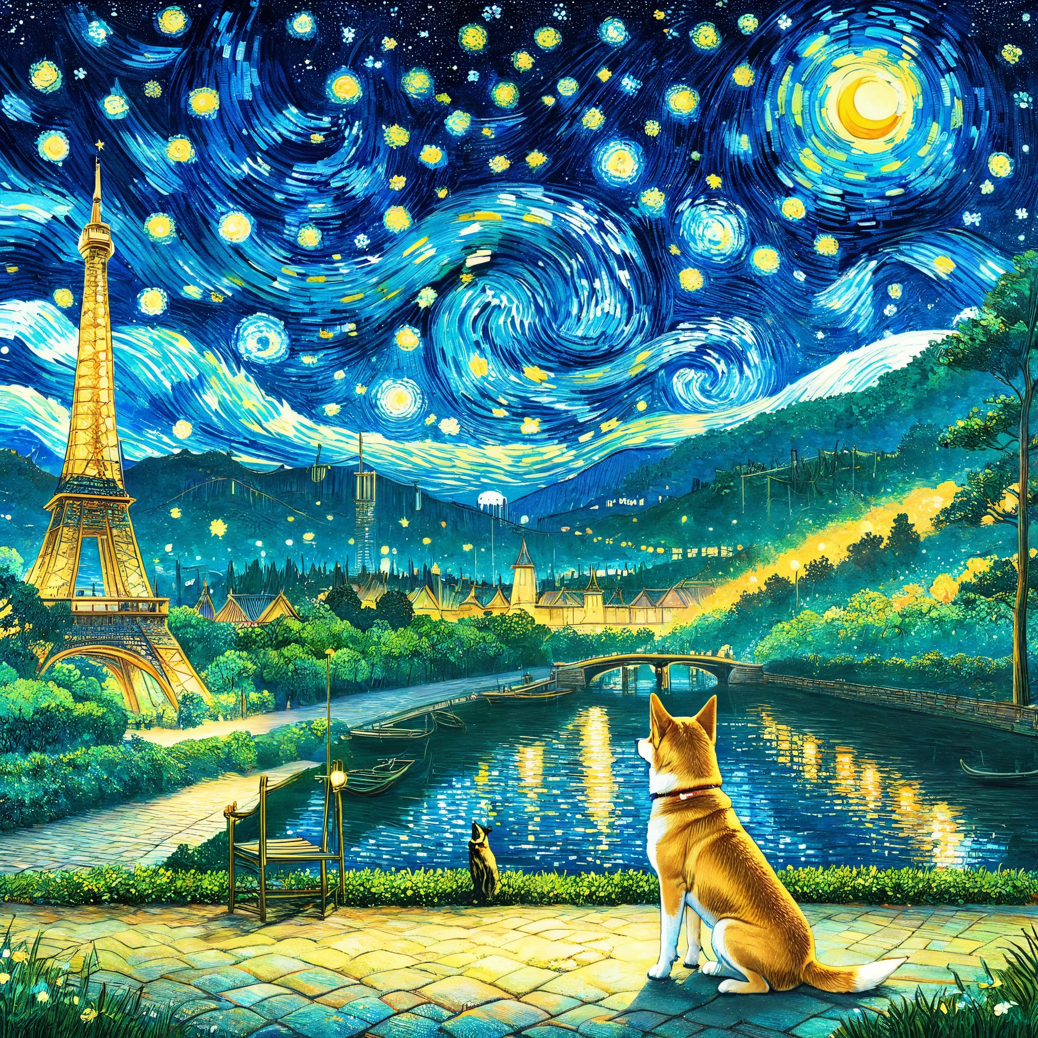 night,Starry Sky,Van Gogh style,(1 Shiba Inu,traditional media,look up,Park Background ,(Shiba Inu details) ,solitary ),concept art, Draw a picture representing this beautiful tourist landscape, magic, Painted by a professional artist in the style of modern art by Manuel Fernández García, masterpiece, Awarded for its beauty, Bright colors, Obvious pinch marks, 32k