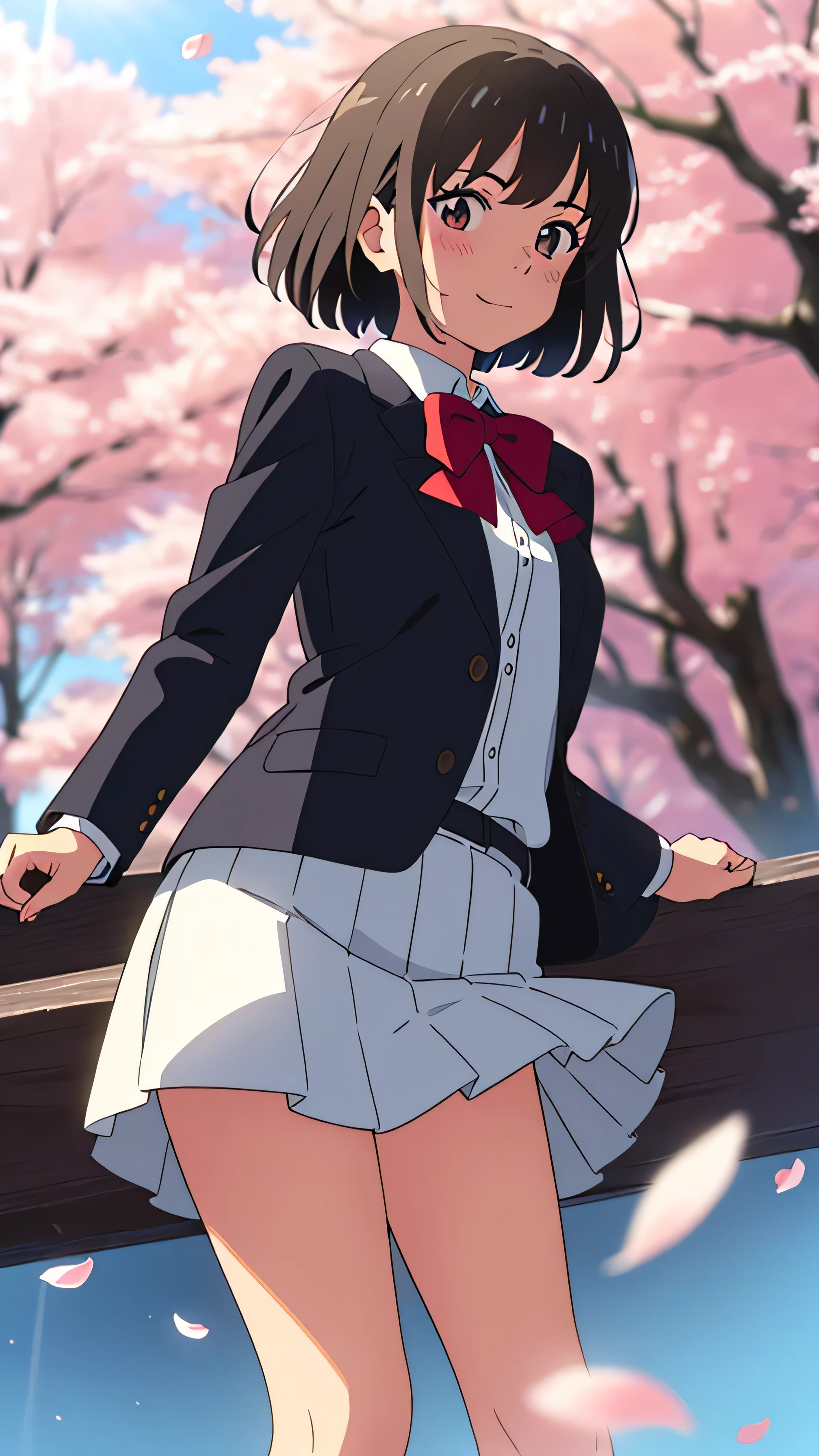 shinkai makoto, kimi no na wa., 1girl, bangs, black hair, blush, brown eyes, shiny skin, red headband, red bow, red ribbon, collared shirt, white shirt, black blazer, white skirt, short hair, smile, cute, solo, happy, beautiful, looking at the viewer, long sleeves, cherry_blossoms, falling_petals, petals, branch, pink_flower, blue_sky, sunlight, spring_season, wind, tree
