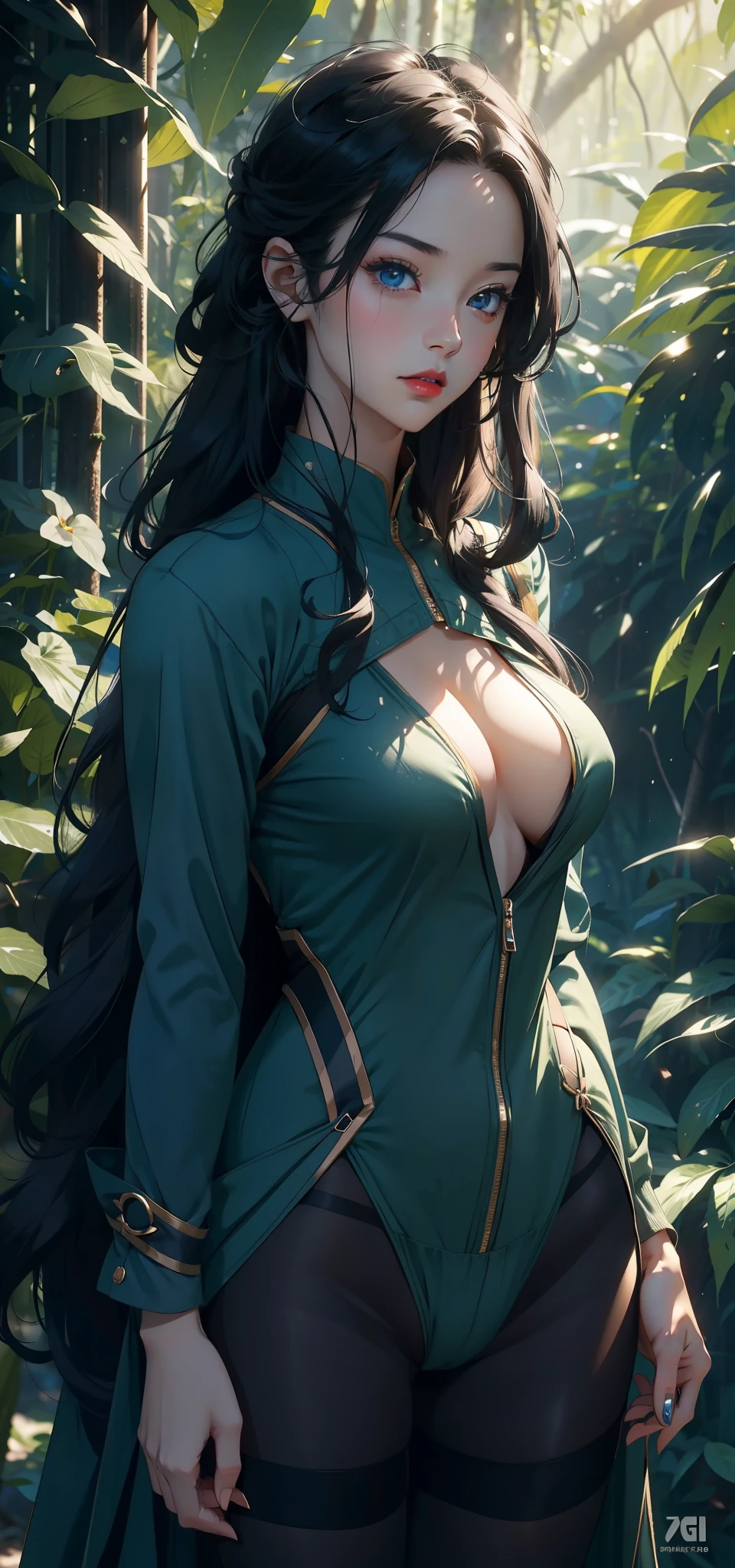 1 female， Loli（background：In the woods，Rainforest，In the summer，gale） She has long black hair，Extra long hair，Long hair flying，Straight Hair，Red lips，stand up，Front view， OK， Gloomy sky，（（（masterpiece），（Highly detailed CG Unity 8k wallpaper），最OK质量，Light，详细background，Beautiful blue eyes，（Very delicate and beautiful），（Beautiful and detailed description of the eyes），Ultra Detailed，masterpiece，）），Facing the camera，high resolution，Ultra Detailed），Exposing breasts，Exposing genitals， Convex，Camel toe，Sexy bulge，us airforce（wear：Green flight suit，Black pantyhose）