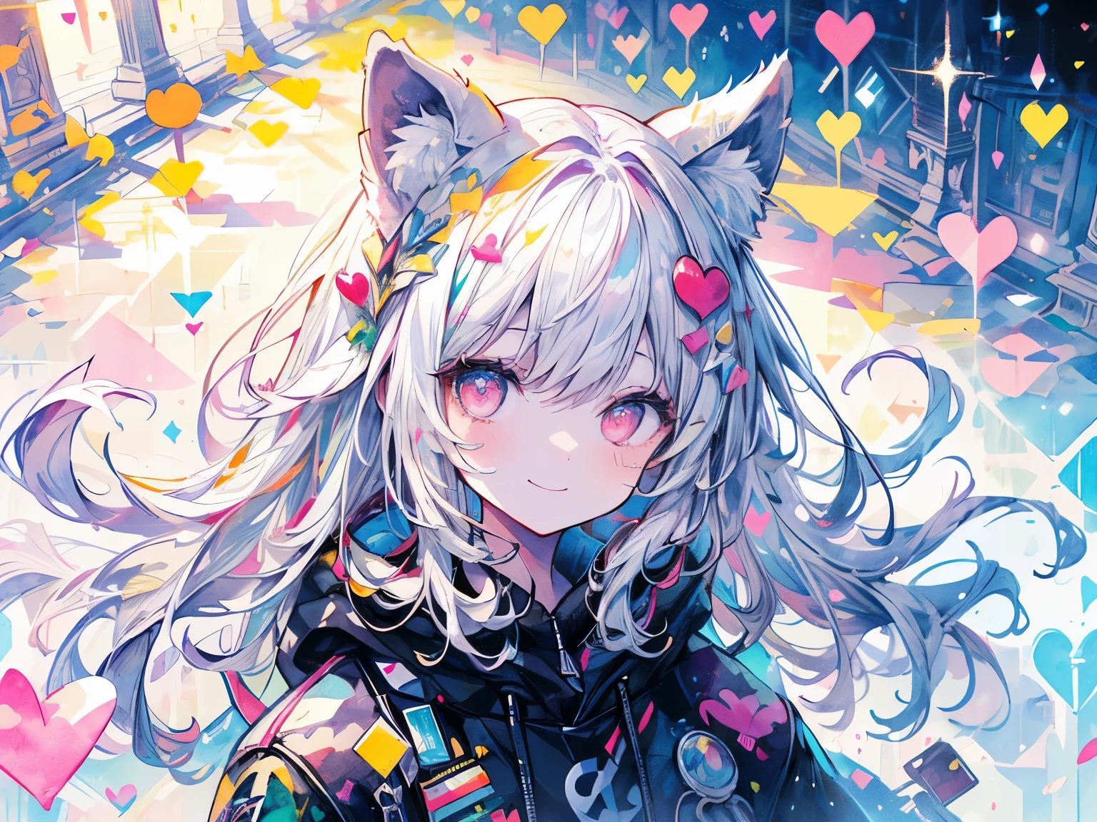 ((((masterpiece, highest quality, Very detailed, very_expensive_solve, big_file size, Full Color)))), One Girl, ((The best smile)), (A smile that makes you want to close your eyes), Long white hair, Pink Eyes, Wearing a fluffy white hoodie, Heart-shaped pupils, (((From above))), (((Look at this))), Lens flare, Bokeh, Shine, ((watercolor)), Animal ears, ((Commemorative photo in front of the Arc de Triomphe)), (whole body)