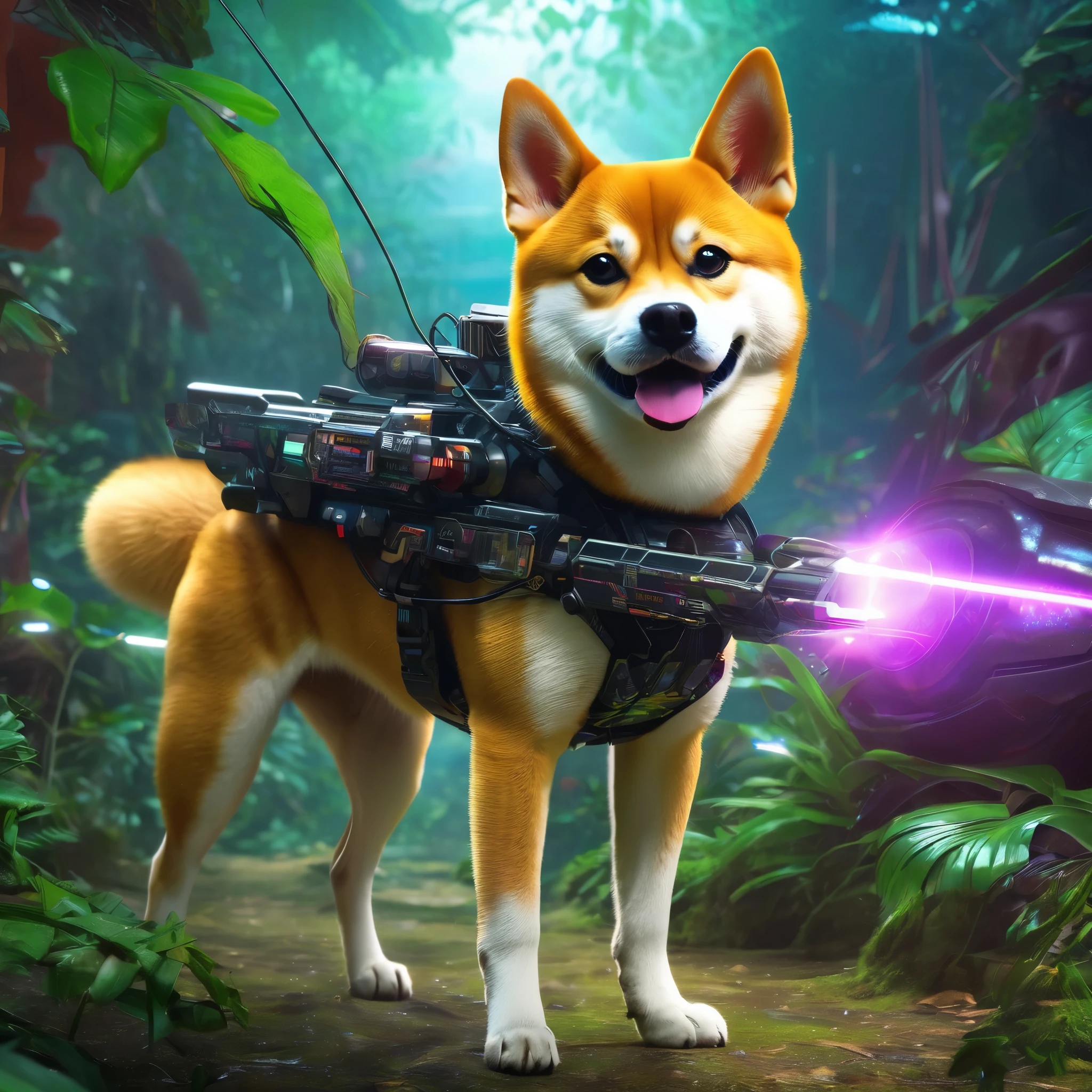 (best quality,4k,8k,highres,masterpiece:1.2),ultra-detailed,(realistic,photorealistic,photo-realistic:1.37), Shiba Inu cyborg super-soldier, exploring alien world, cat creatures, crazy cat-friendly jungle, tennis ball rocket, high hill, vibrant colors, atmospheric lighting, sci-fi, concept artists.