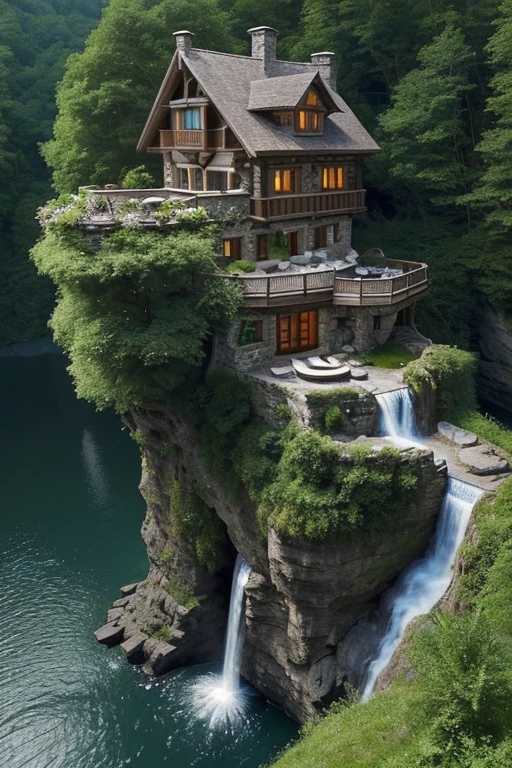 arafed house on a cliff overlooking a river with a waterfall, lake house, beatiful house, fantasy setting, beautiful place, build in a forest near of a lake, beautiful and mysterious, fantasy house, cozy place, setting in nature, fairy tale place, located in a castle, cottagecore!!, very close to real nature, idyllic cottage