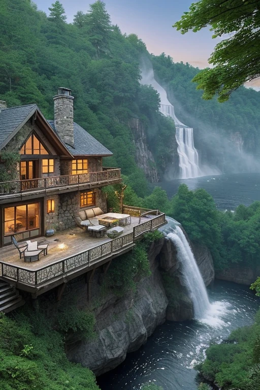arafed house on a cliff overlooking a river with a waterfall, lake house, beatiful house, fantasy setting, beautiful place, build in a forest near of a lake, beautiful and mysterious, fantasy house, cozy place, setting in nature, fairy tale place, located in a castle, cottagecore!!, very close to real nature, idyllic cottage