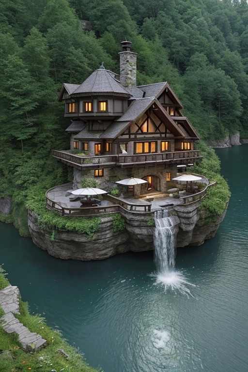 arafed house on a cliff overlooking a river with a waterfall, lake house, beatiful house, fantasy setting, beautiful place, build in a forest near of a lake, beautiful and mysterious, fantasy house, cozy place, setting in nature, fairy tale place, located in a castle, cottagecore!!, very close to real nature, idyllic cottage