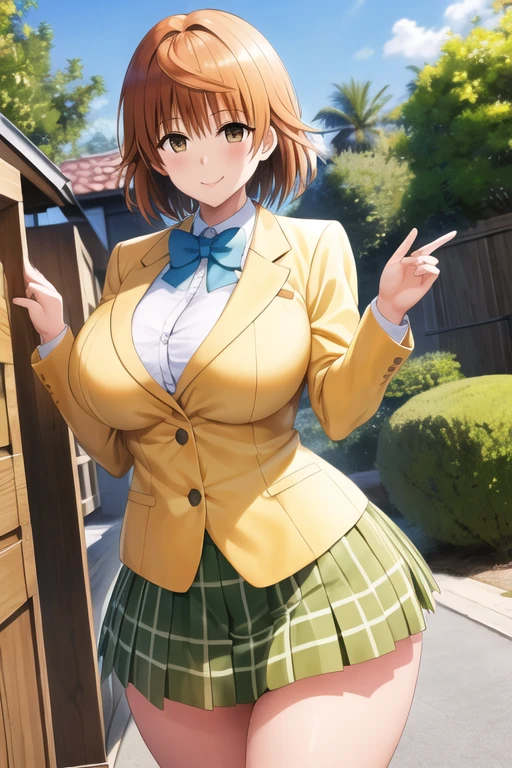 masterpiece, best quality, highres, aariko, short hair, brown eyes, , blue bowtie, blazer, yellow jacket, long sleeves, plaid skirt, green skirt, standing, cowboy shot, smile, outdoors, huge breasts, cleavage, thick thighs, wide hips, sexy, venusbody, NSFW