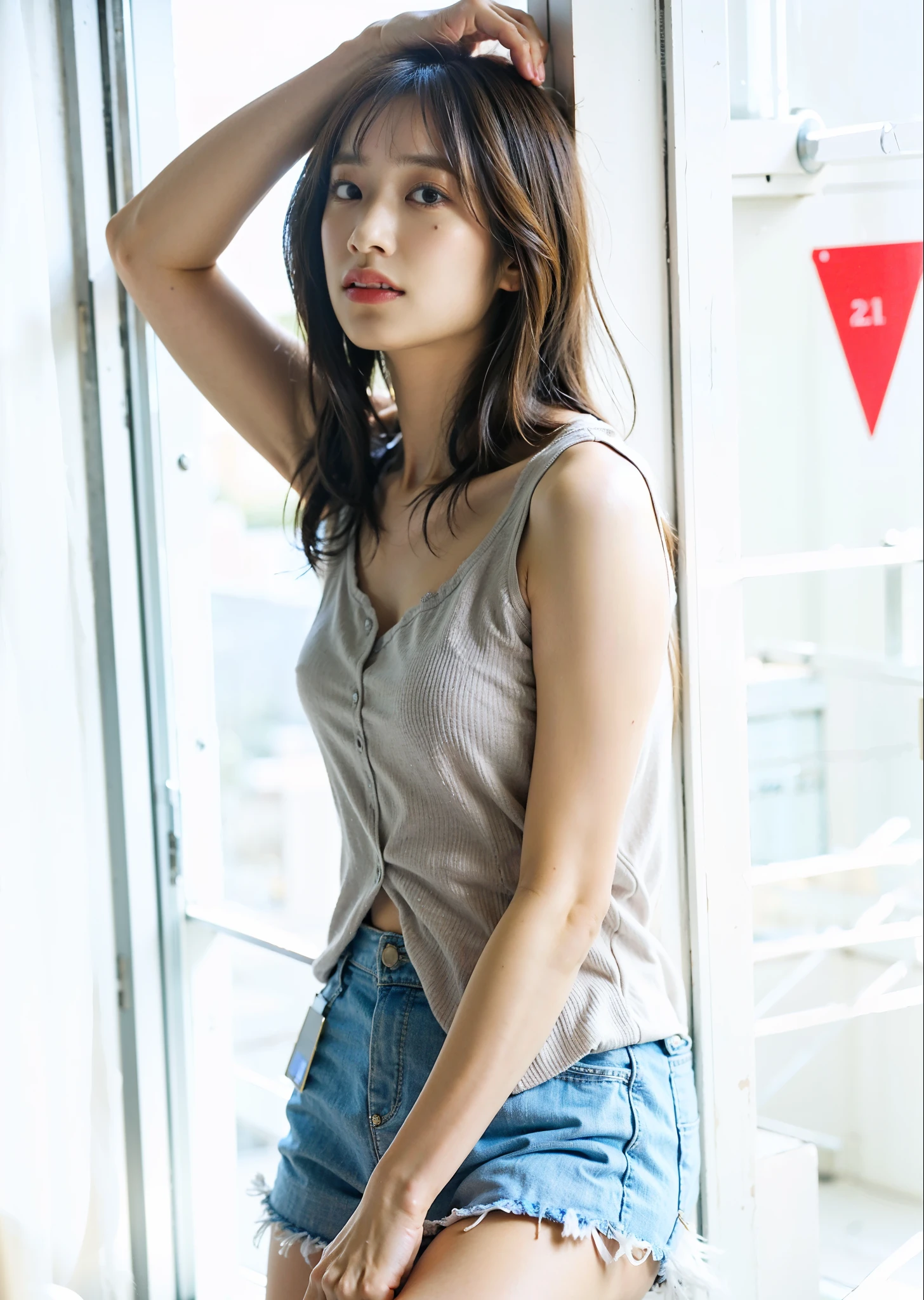 Alafed woman in tanned top and denim shorts poses for photo, Bae Suzy, Wearing : Tank top, Slim girl model photo, Korean female fashion model, Wear a cute top, Tank topを着用, Wearing a camisole, Tank topを着用, medium portrait top light, Cindy Avelino, Gorgeous Young Korean Woman, crystal