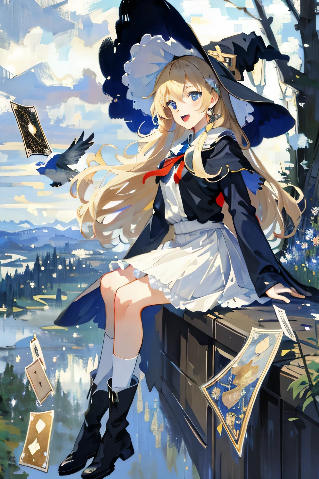 ((masterpiece:1.2, best quality)), 1 girl, Solitary, (Witch Hat), Blonde hair, Long hair, skirt,Sky, White skirt,open mouth,blue eyes, ribbon, Very long hair, Red skirt, Smile, Hair ribbon, cape, Blue Hair, (bird), magic, Spellcasting, dark clouds, (Impressionism:1.4), (Tarot cards:1.3), Alphonse Mucha,whole body,Boots