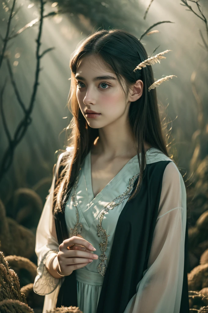 ( masterpiece, top quality, best quality,8k, girl,ultra detailed,raw photo:1.5),(photorealistic:1.4), (cinematic lighting), PerfectNwsjMajic, , Surrealism, UHD, ccurate, Super detail, textured skin, High detail, Best quality, dynamic angle, White skin,[Beautiful blue eyes], high nose,[flat chest:large breasts:0.5],(1girl),(good anatomy:0.5)), Dreamy atmosphere, Dark,expressive brush strokes, mystical ambiance, Artistic interpretation, Stunning Studio Ghibli style costumes, a whimsical illustration, Subtle colors and tones, mystical aura,straight face,outside