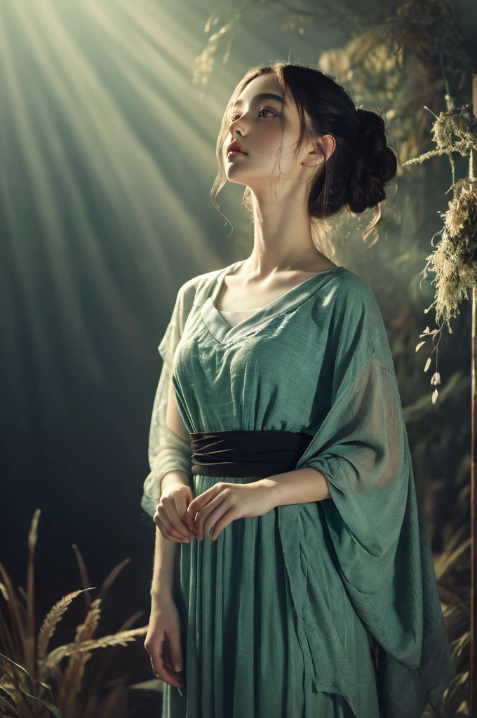 ( masterpiece, top quality, best quality,8k, girl,ultra detailed,raw photo:1.5),(photorealistic:1.4), (cinematic lighting), PerfectNwsjMajic, , Surrealism, UHD, ccurate, Super detail, textured skin, High detail, Best quality, dynamic angle, White skin,[Beautiful blue eyes], high nose,[flat chest:large breasts:0.5],(1girl),(good anatomy:0.5)), Dreamy atmosphere, Dark,expressive brush strokes, mystical ambiance, Artistic interpretation, Stunning Studio Ghibli style costumes, a whimsical illustration, Subtle colors and tones, mystical aura,straight face,outside