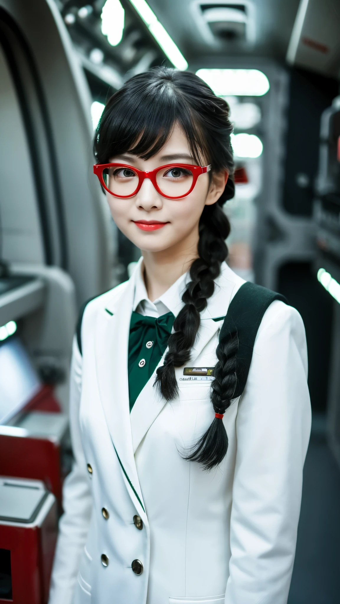 High resolution,woman,Small size,Black Hair,Double Braid Hairstyle,Bang bang bang,Green Eyes,Red glasses,In formal attire,uniform,White coat,Dark look,warship,ship aircraft carrier, Futuristic, SF, warplane, space, war