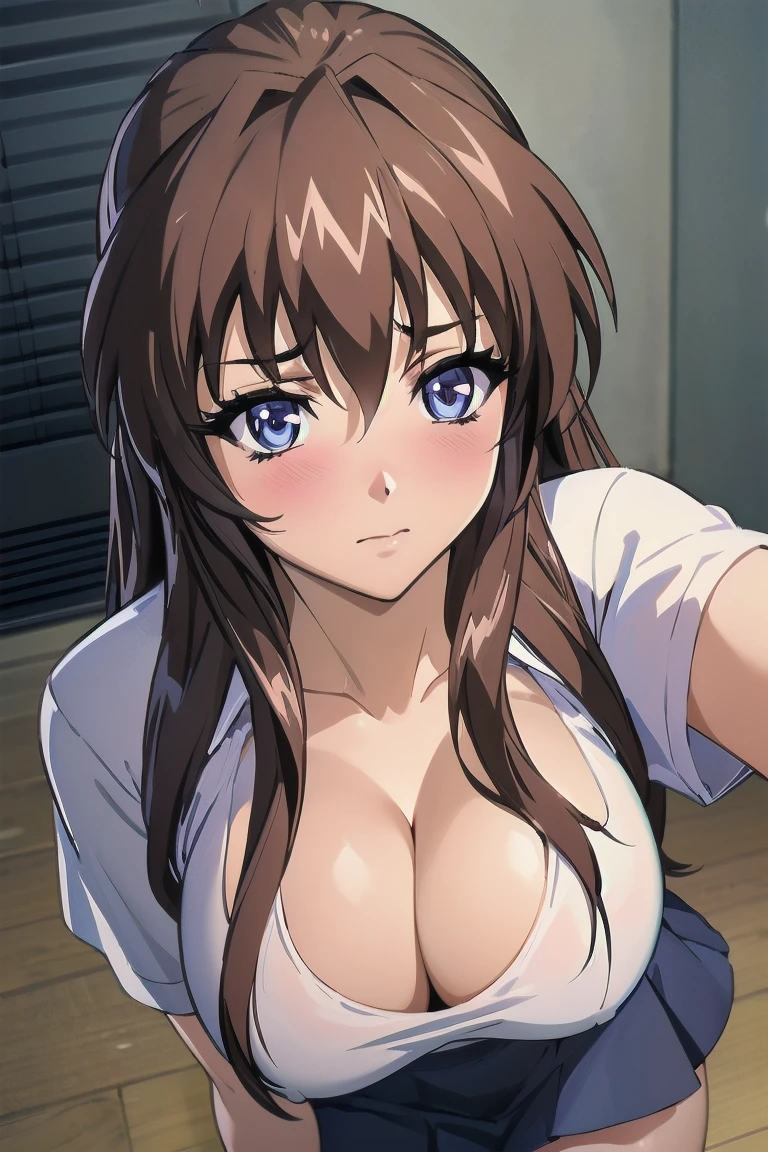 1 girl, single, alone, Beautiful woman、I could see the whole body, ((Brown eyes, Beautiful eyelashes, Realistic eyes)), ((Detailed face, blush:1.2)), ((Smooth texture:0.75, Realistic texture:0.65, Realistic:1.1, Anime CG Style)), Perfect body,White T-shirt、mini skirt、White High Knee Socks、((Cleavage、))、Full body photography