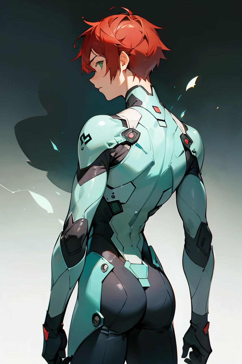 (masterpiece, best quality) detailed, 1Character , blue archive art style , pastel washed out colors , cell shade , soft, muted shades ,gentle colors , Wearing a mix of a futuristic body suit and sword art online outfit ,Handsome man , red hair , very Short hair, ((Ivy League Haircut:1)) , green eyes , light skin , ((muscular:1)),masculine ,age 18, full body, back facing, facing away from viewer