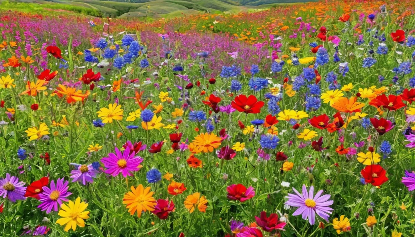 There are many different colored flowers blooming in the fields., A big flower in front、Wildflowers, Meadow flowers, Wildflowers, Flower meadow,Puzzle parts throughout、